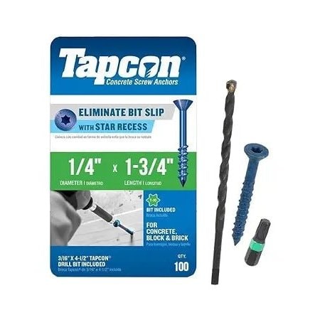 Tapcon 1/4-inch x 1-3/4-inch Climaseal Blue T25 Head Concrete Screw Anchors With Drill Bit, 100PK 3320T25